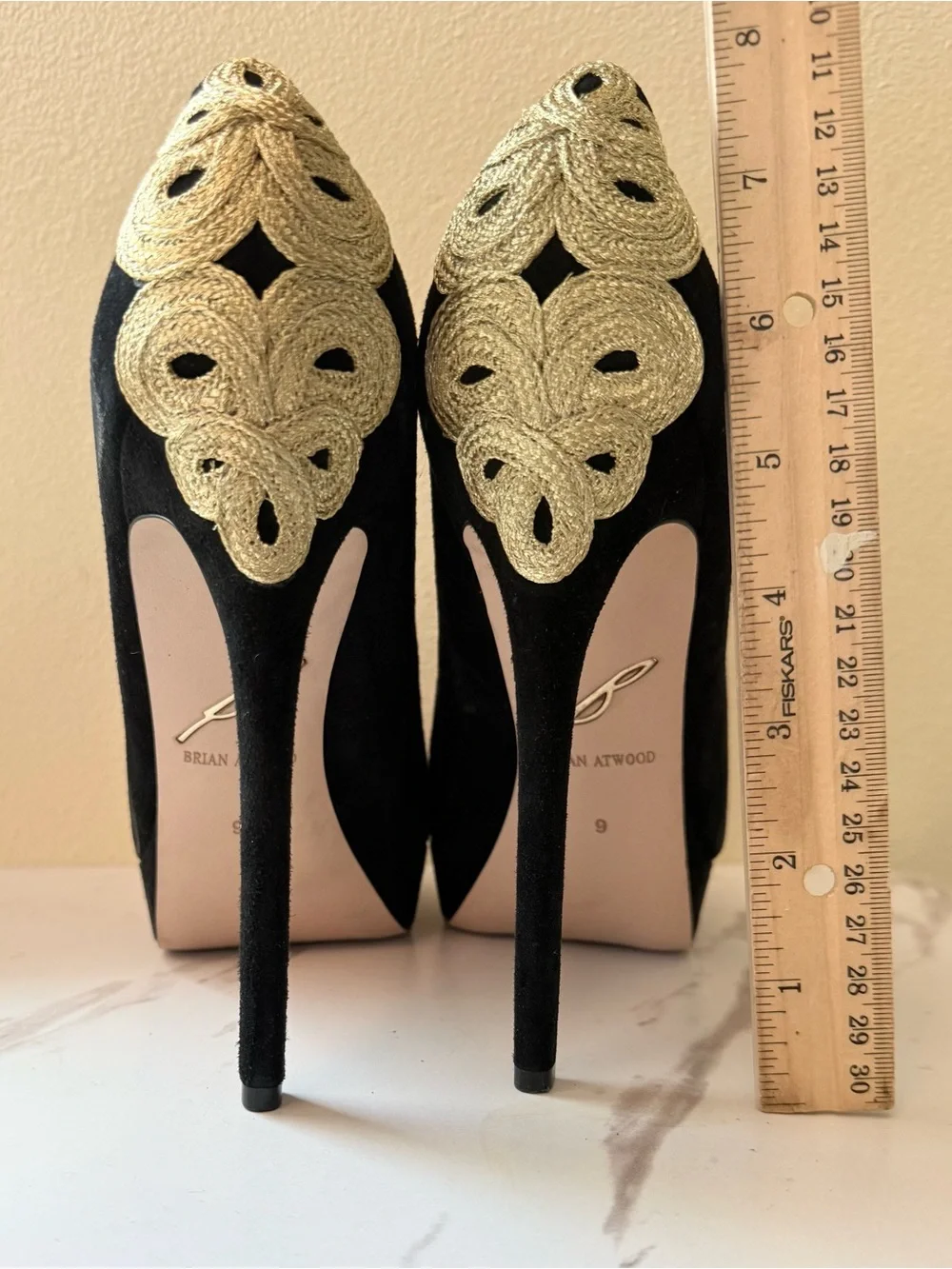 Brian Atwood Raja Black Suede Peep-Toe Platform, Gold Embellishment, EUC, Size 9